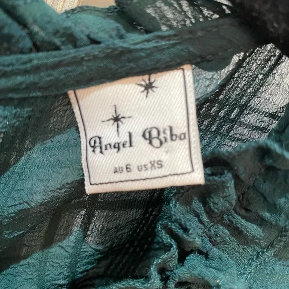 Angel Biba Emerald Green Cutout Back Long Balloon Sleeve Tiered Dress Size XS - Picture 3 of 7